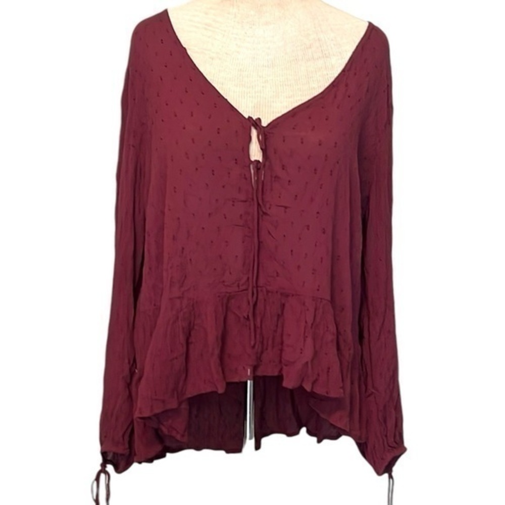 American Eagle Maroon long sleeve blouse keyhole tie front women’s size medium